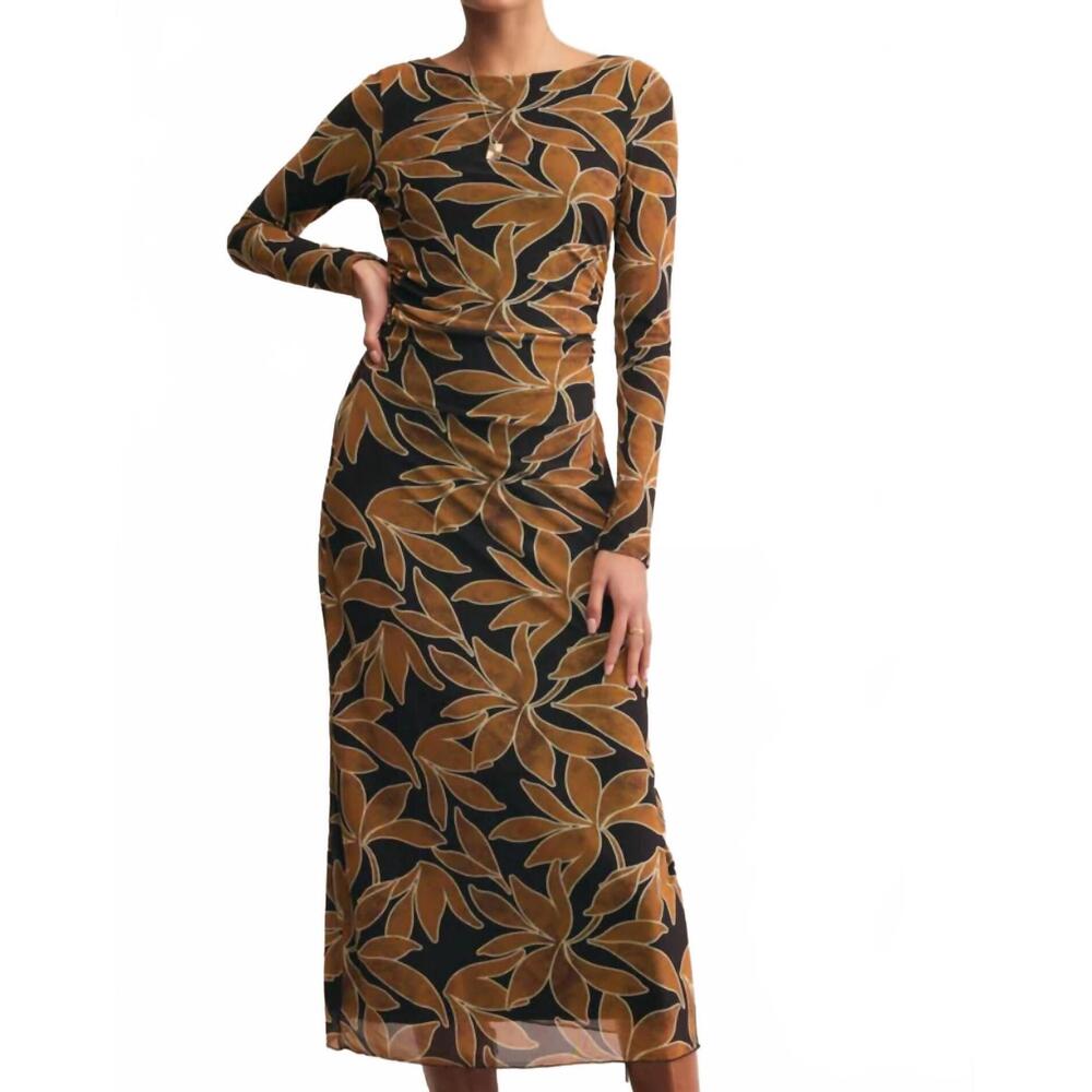 Z Supply Long Sleeve Black Dress with Brown Leaf Print NWT